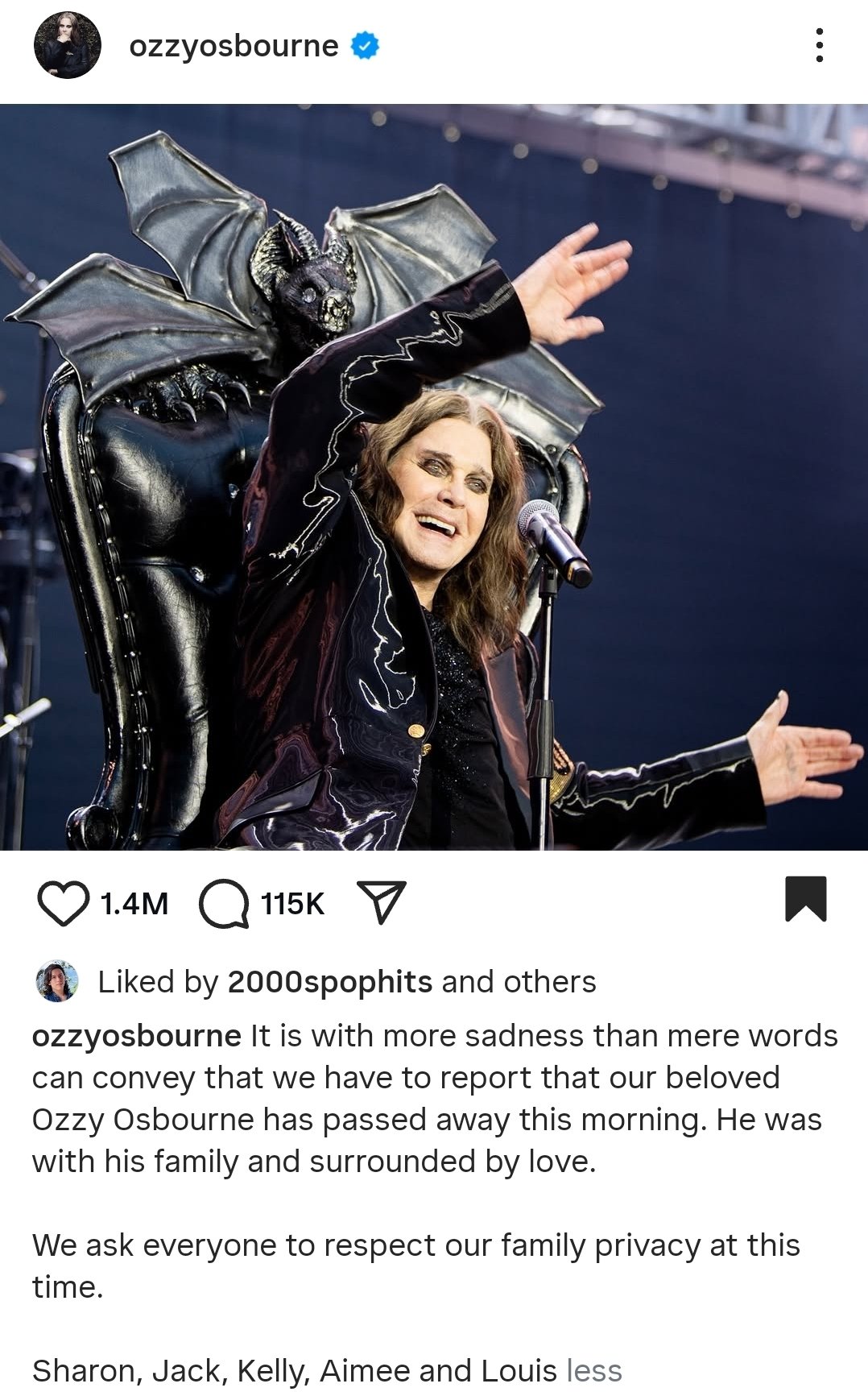 At 76, Ozzy Osbourne dies right after his final performance