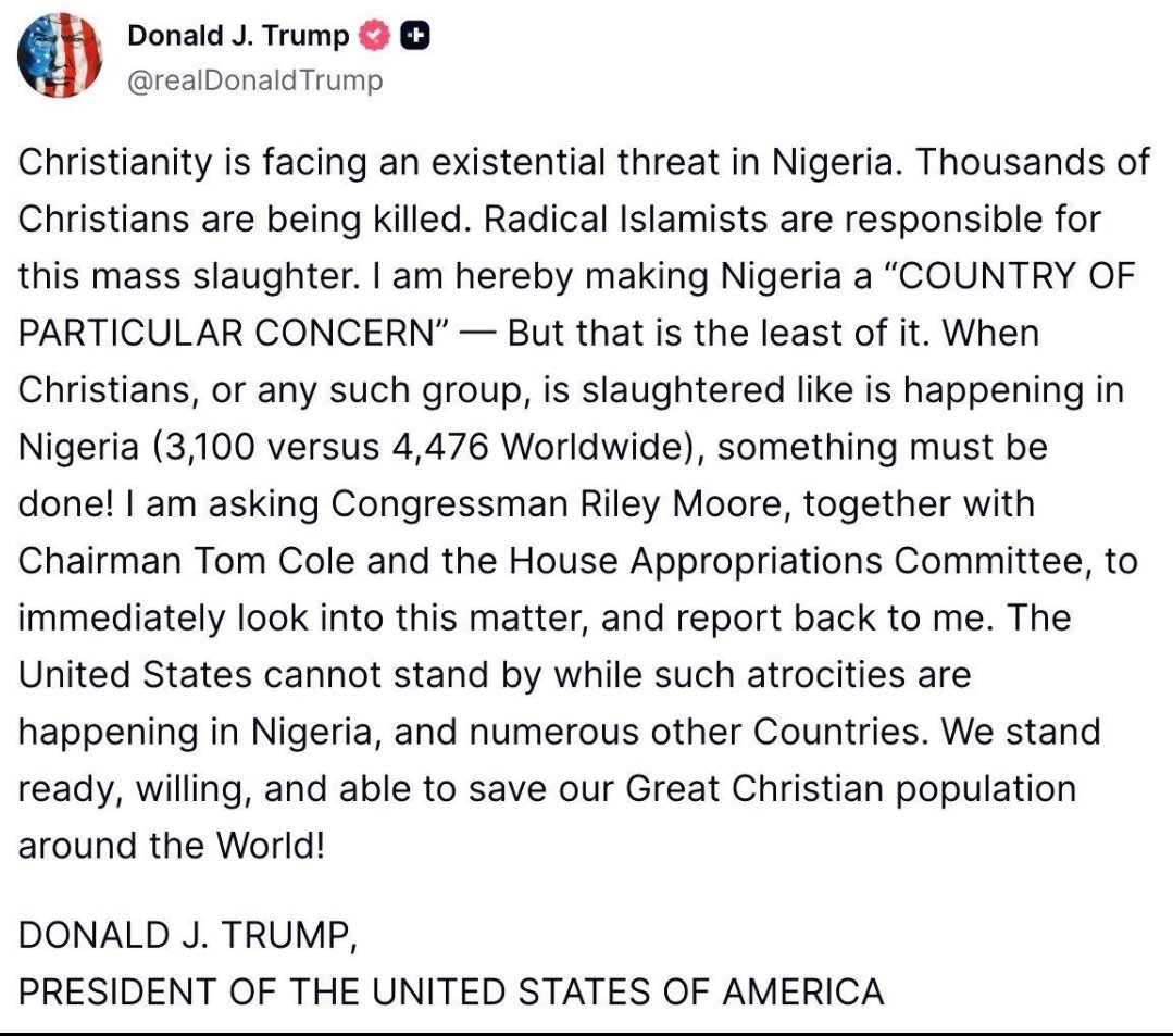 Reactions Soar As Donald Trump Threatens Nigerian due to  killing of Christians