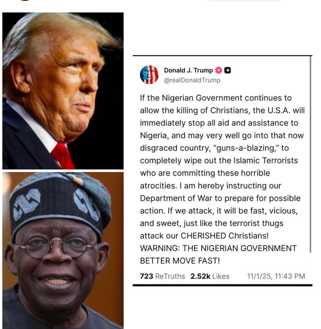 Reactions Soar As Donald Trump Threatens Nigerian due to  killing of Christians