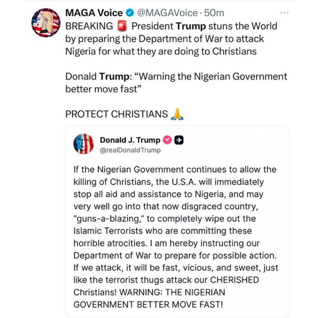 Reactions Soar As Donald Trump Threatens Nigerian due to  killing of Christians