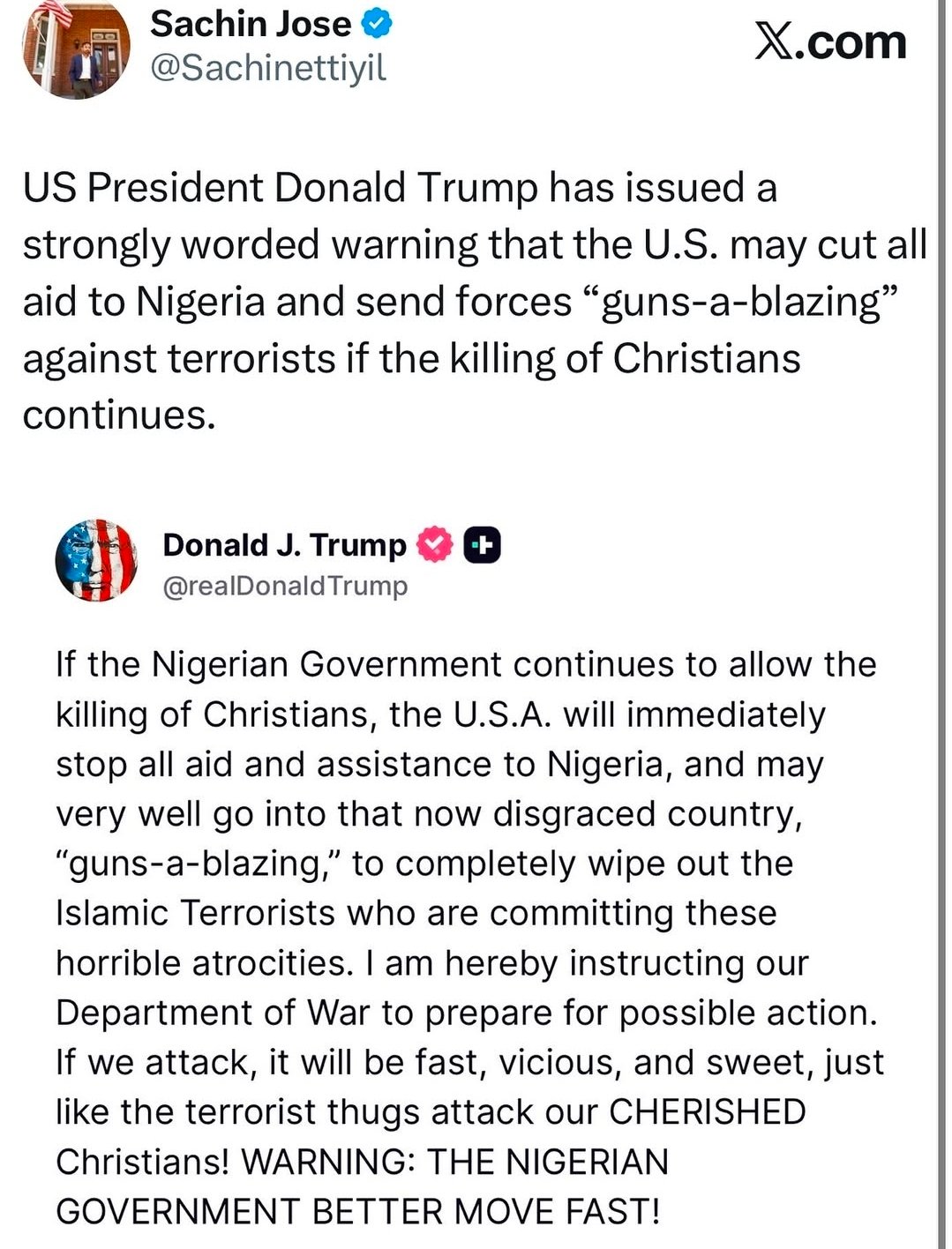 Reactions Soar As Donald Trump Threatens Nigerian due to  killing of Christians