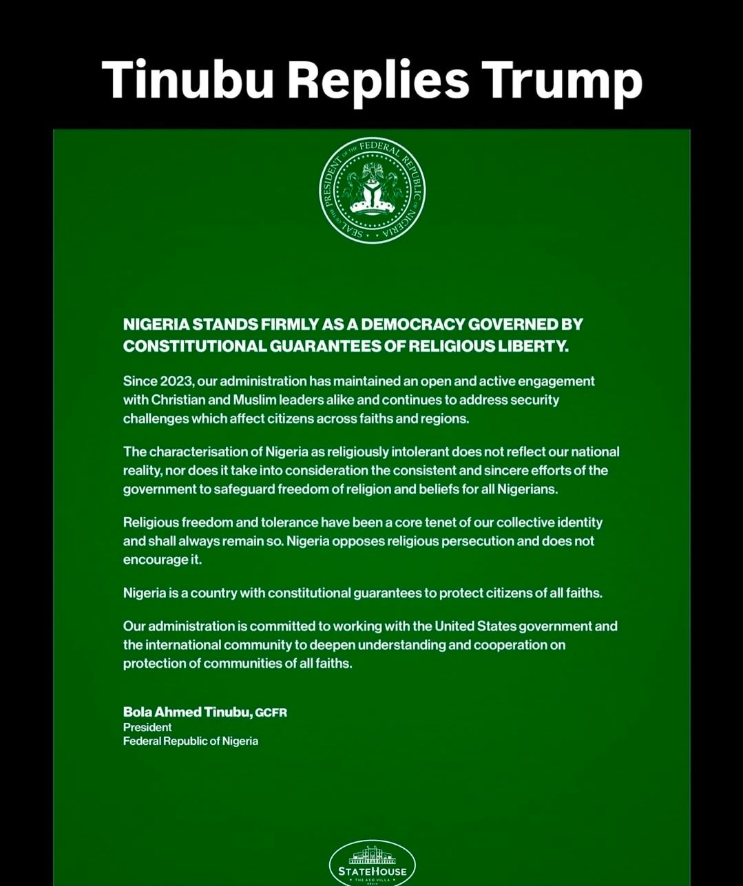 Reactions Soar As Donald Trump Threatens Nigerian due to  killing of Christians