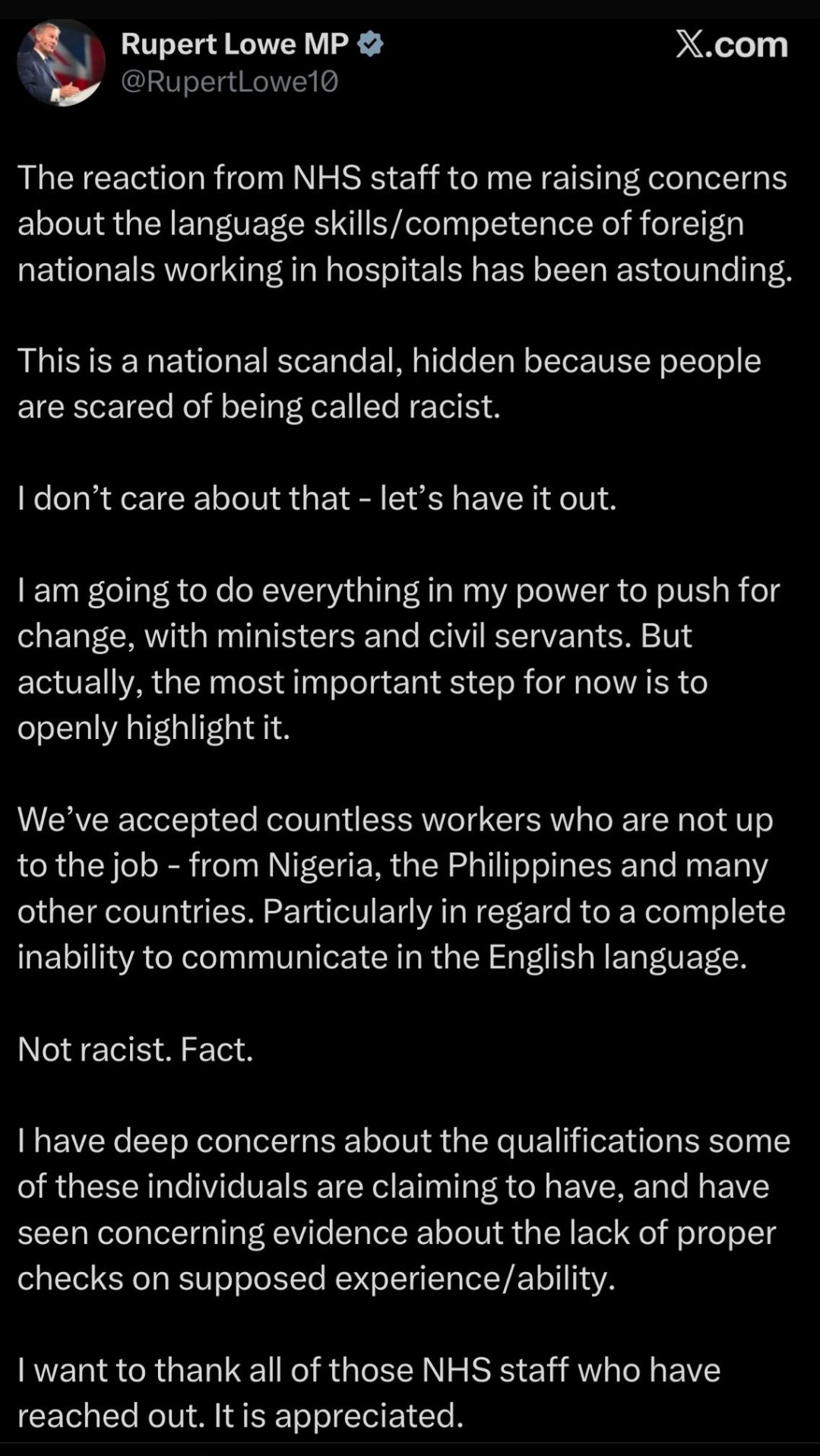 MP Rupert Lowe Makes A Racist Claim Against Nigerians In The NHS