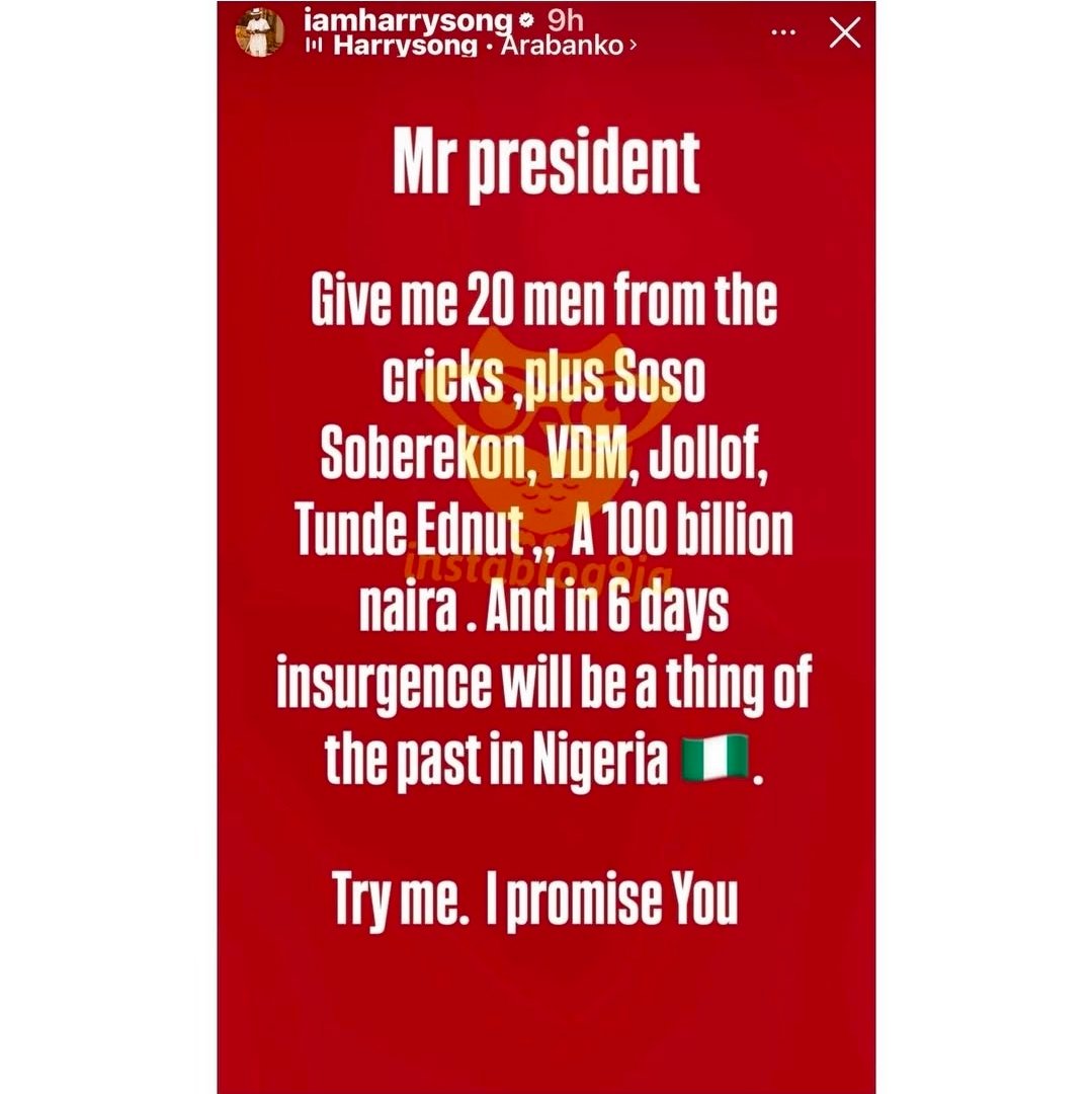 I Can End Insurgence in 6 Days - Harrysong tells President Tinubu